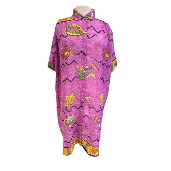 Tropical Fish Print Kaftan Dress Purple Yellow One Size By Rima 100% Shiffon - Picture 1 of 6